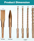 Six Piece SDS Plus Rotary Hammer Drill Bits And Chisel Set with sizes and dimensions displayed