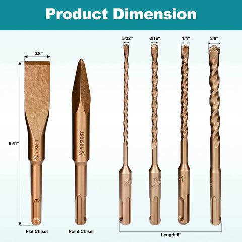 Six Piece SDS Plus Rotary Hammer Drill Bits And Chisel Set with sizes and dimensions displayed