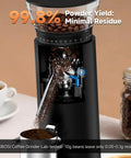 Aaobosi Cordless Burr Coffee Grinder Rechargeable With 60 Settings And Anti Static Design Digital Timer Touchscreen, showcasing coffee grinding process.