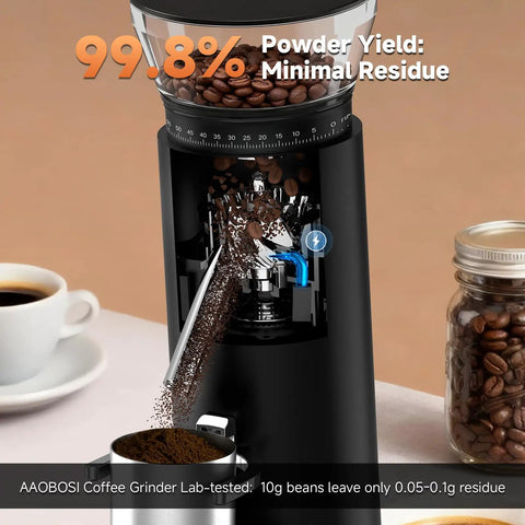 Aaobosi Cordless Burr Coffee Grinder Rechargeable With 60 Settings And Anti Static Design Digital Timer Touchscreen, showcasing coffee grinding process.