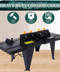 Heavy Duty Aluminum Benchtop Router Table With Expandable Work Surface And Sleek Adjustable Fence Rock Solid Woodworking Rig For No Fuss Diy Carpenter Setup Black with heavy-duty construction and adjustable features.
