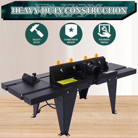 Heavy Duty Aluminum Benchtop Router Table With Expandable Work Surface And Sleek Adjustable Fence Rock Solid Woodworking Rig For No Fuss Diy Carpenter Setup Black with heavy-duty construction and adjustable features.