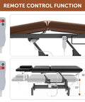 Black Electric Spine Massage Table With Dual Motors And Hydraulic Lift Adjustable Waist Support For Physical Therapy Facial Spa Waxing And Tattoo Clinics Versatile Treatment Bed with remote control function showing height adjustments.