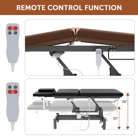 Black Electric Spine Massage Table With Dual Motors And Hydraulic Lift Adjustable Waist Support For Physical Therapy Facial Spa Waxing And Tattoo Clinics Versatile Treatment Bed with remote control function showing height adjustments.