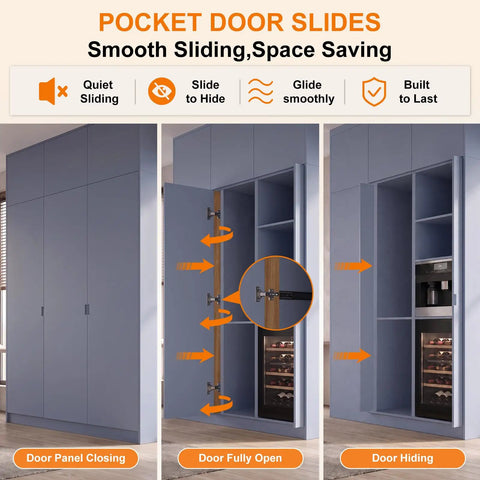 Heavy Duty Twenty Inch Cabinet Pocket Door Slides Featuring Full Extension Ball Bearings For A Buttery Smooth Glide And Seriously Quiet Operation For Every Easy Home Upgrade, showing sliding door in open and closed positions.