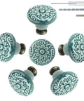 Six Pack Green Ceramic Kitchen Cabinet Knobs With Two Screw Sizes And Included Mini Screwdriver For Easy Installation, 34mm Diameter And 30mm Height, Durable Modern Hardware For Cabinets Or Drawers. Six green floral ceramic knobs with screws and screwdriver