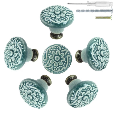 Six Pack Green Ceramic Kitchen Cabinet Knobs With Two Screw Sizes And Included Mini Screwdriver For Easy Installation, 34mm Diameter And 30mm Height, Durable Modern Hardware For Cabinets Or Drawers. Six green floral ceramic knobs with screws and screwdriver
