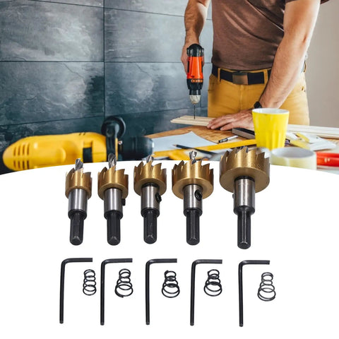 Top Rated 5 Piece Hole Saw Bit Kit Made With High Carbon Steel And Ti Coating For Drilling Clean Holes In Wood Steel Aluminum Plastic Plus Hex Wrench And Spring Included For All Your DIY Projects. 5-piece hole saw set with hex wrench, springs and five bit sizes