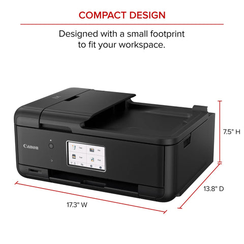 PIXMA TR8620a All In One Printer For Home Office With Compact Design, Black, showing dimensions and front panel controls.