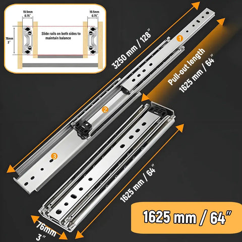 Heavy Duty Locking Drawer Slides One Pair Full Extension Ball Bearing Runners Side Mount Cabinet Kit Tough As Nails Steel Build, 64 inch.