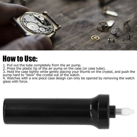Pro Grade Stainless Steel Watch Crystal Removal Tool With Air Pump shown next to watch crystalline parts and usage instructions