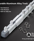 Retractable Ceiling Curtain Track 2.8 To 5.2 Ft White With Silent Nano Roller System And 304 Stainless Steel Hooks, adjustable white aluminum track with hooks