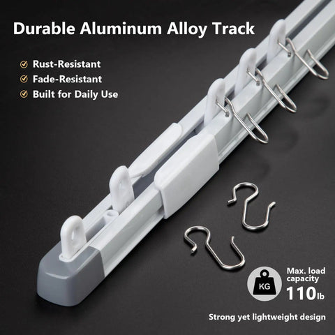 Retractable Ceiling Curtain Track 2.8 To 5.2 Ft White With Silent Nano Roller System And 304 Stainless Steel Hooks, adjustable white aluminum track with hooks