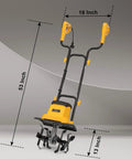 12 Inch Corded Tiller Cultivator With 8.5 Amp Power, 360 RPM Rototiller displaying measurements and yellow handle design