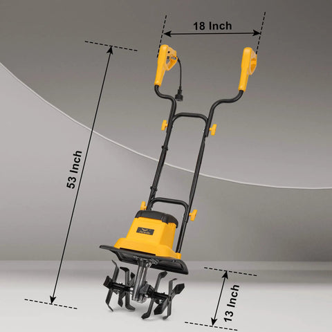 12 Inch Corded Tiller Cultivator With 8.5 Amp Power, 360 RPM Rototiller displaying measurements and yellow handle design