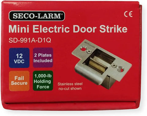 Pack Of 2 Mini Electric Door Strikes Featuring Zero Mess Install And Rock Solid Fail Secure Operation Quick Turns Regular Cylindrical Locks To Full Electronic Access Control For Indoor Residential Security Upgrades With Stainless Steel Keepers displayed on red packaging.