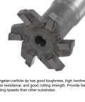 Close-up of a T Slot Milling Cutter with 25mm cutting diameter, tungsten carbide tip, showing 6 flutes for cutting metal.