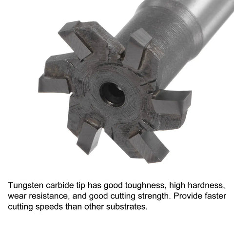 Close-up of a T Slot Milling Cutter with 25mm cutting diameter, tungsten carbide tip, showing 6 flutes for cutting metal.