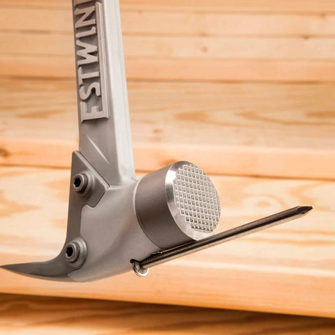 Close-up of AL-PRO Forged Aircraft Aluminum Framing Hammer 14 Oz Straight Rip Claw with Milled Face on a wooden surface.