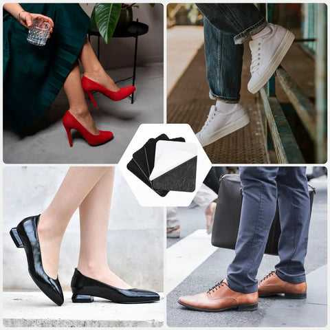 Shoe Heel Pads Repair Kit With Adhesive Stickers, Anti Slip Cushion Soles, 4 Pack Replacement Set for leather shoes shown in use on various styles