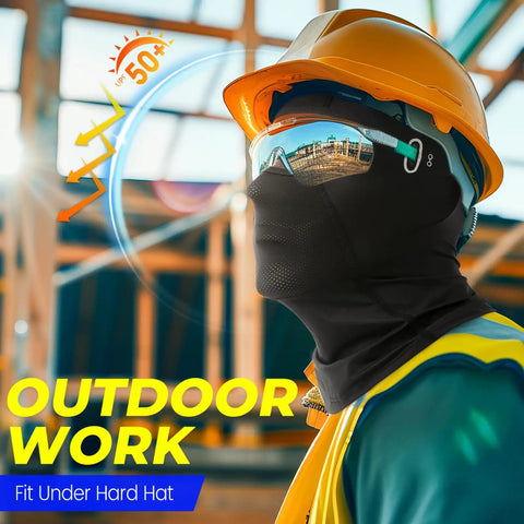 Worker wearing Cooling Balaclava Face Mask With Glasses Holes For Men And Women Stay Cool Summer Ice Silk Fabric Breathable UV Sun Protection For Motorcycle Ski Work Black All Weather under hard hat