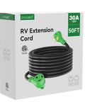 Beefy 50 Foot 30 Amp RV Extension Cord With TT-30P TT-30R Connectors, Weatherproof 10/3 STW Cable, 3750 Watt Capacity, Durable Outdoor RV Power Cord for Campers and Travel Trailers, boxed