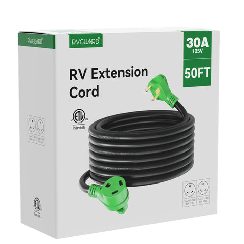 Beefy 50 Foot 30 Amp RV Extension Cord With TT-30P TT-30R Connectors, Weatherproof 10/3 STW Cable, 3750 Watt Capacity, Durable Outdoor RV Power Cord for Campers and Travel Trailers, boxed