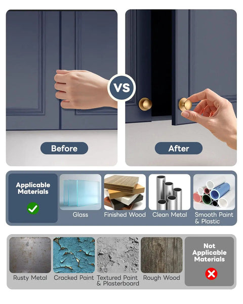 Before and after of 5 Pack Self Adhesive Cabinet Knobs No Drill Stick On Stainless Steel Handles Antique Gold for Kitchen Cabinets