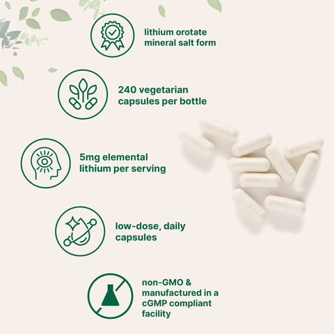 Image showing Lithium Orotate 5mg for Everyday Balance, 240 Vegetarian Capsules with product features like 5mg elemental lithium per serving.
