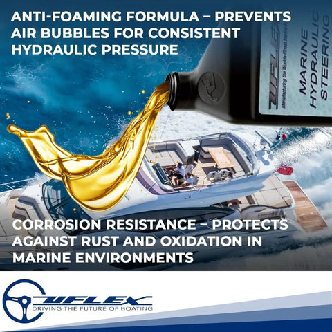 Quart Hydraulic Steering Fluid Oil For All Hydraulic Steering Systems Delivers Smooth Turns And Beefed Up Lubrication Power With Seal Protection In Boats ATVs Tractors And More The Go To Machine Lubricant For Everyday Use pouring from bottle with marine setting and corrosion resistance text