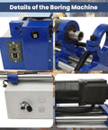 BREVELTION portable hole drilling machine with blue frame, control panel, and long connecting bar (front/side views)