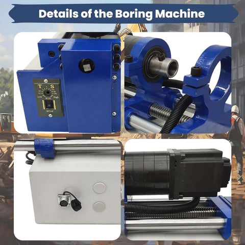 BREVELTION portable hole drilling machine with blue frame, control panel, and long connecting bar (front/side views)