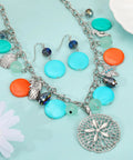 Colorful necklace and earrings with shell, starfish, and round charms on silver chain, 450 Piece Eye Screw Pins Set.