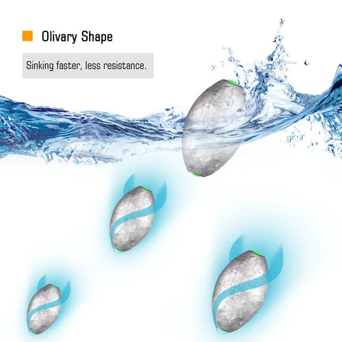 Removable Egg Lead Fishing Sinkers Set Of 20 For Saltwater Drop Shot Fishing, oval shape for less air resistance and drag.