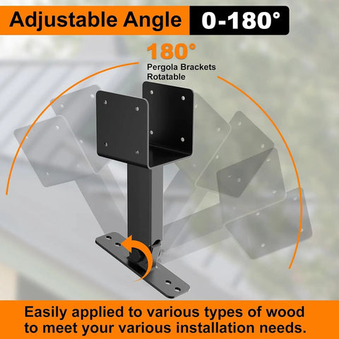 4x4 Heavy Duty Adjustable Angle Pergola Brackets Kit Black Metal Roof Riser Beams For Gazebo Patio Cover Outdoor Diy Support Built Tough Rust Resistant Anti Corrosion Water Resistant. Shown in adjustable position with rotation details.
