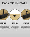 Straight Up Durable Black Nylon Hidden Deck Fasteners Plus T Clips With Heavy Duty Metal Screws For Effortless Composite Board Setup No Fuss Universal Decking Connector Kit 50 Piece installation steps with clips and screws.