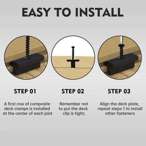 Straight Up Durable Black Nylon Hidden Deck Fasteners Plus T Clips With Heavy Duty Metal Screws For Effortless Composite Board Setup No Fuss Universal Decking Connector Kit 50 Piece installation steps with clips and screws.