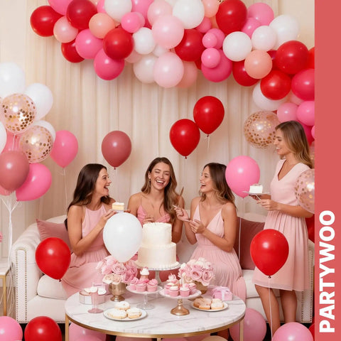 66 Piece 12 Inch Hot Pink And Red Balloons Set With White And Gold Confetti For Valentines Day Engagement Wedding Bachelorette Birthday Party Decor Durable Matte Latex in a festive party setting with women in pink dresses.