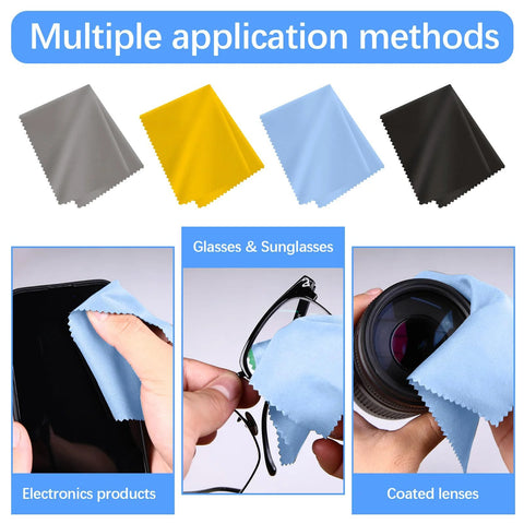 Front view: 80-pack microfiber cloths for glasses, 6x7 in, multi-color gray/yellow/blue/black for eyeglasses and lenses