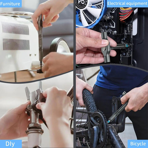 24-In-1 Magnetic Screwdriver Set With Detachable Ratchet Handle used for DIY, furniture, electrical equipment, and bicycle repairs.