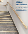Built Tough Wood Wall Mount Stair Handrail With Grippy Palm Hold No Slip Nonsense For Indoor Outdoor Steps And Decks Keeping Folks Safer And Steady As A Rock Smooth Rounded Comfort Easy DIY Anywhere, solid wood handrail installed along staircase.