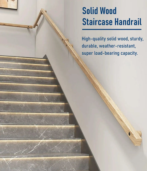 Built Tough Wood Wall Mount Stair Handrail With Grippy Palm Hold No Slip Nonsense For Indoor Outdoor Steps And Decks Keeping Folks Safer And Steady As A Rock Smooth Rounded Comfort Easy DIY Anywhere, solid wood handrail installed along staircase.