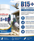 Pigeon Vitamin Supplement With B12 And B15 For Energy Boost And Endurance, 100 Tablets bottle with pigeons background.