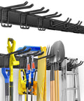 Heavy Duty 48 Inch Wall Mount Garden Tool Organizer Rack With Six Hooks For Yard Tools, Rakes And Shovels, installed with tools