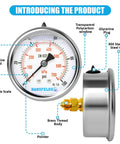 Front view: Hansfelds 0-100 psi liquid-filled gauge, 2.5 in dial, stainless steel back-mount case, brass 1/4 in NPT