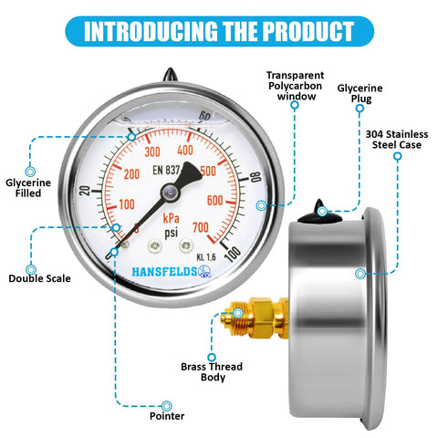 Front view: Hansfelds 0-100 psi liquid-filled gauge, 2.5 in dial, stainless steel back-mount case, brass 1/4 in NPT
