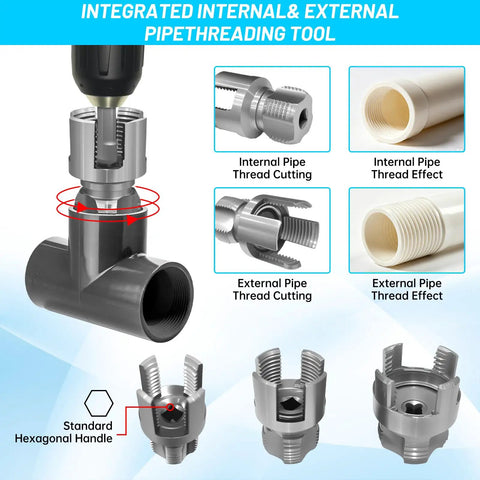 Dual Function PVC Pipe Threader Kit for One Half Inch Three Quarter Inch and One Inch Pipes Internal and External Threading Tool Alloy Steel Construction Electric Drill Compatible for Home Plumbing Repairs DIY Ready, showing threading process and thread effects.