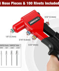 Pro Grade Hand Riveter Kit With Four Interchangeable Heads For 3 32nd Inch, 1 8th Inch, 5 32nd Inch, And 3 16th Inch Rivets Includes 100 Rivets