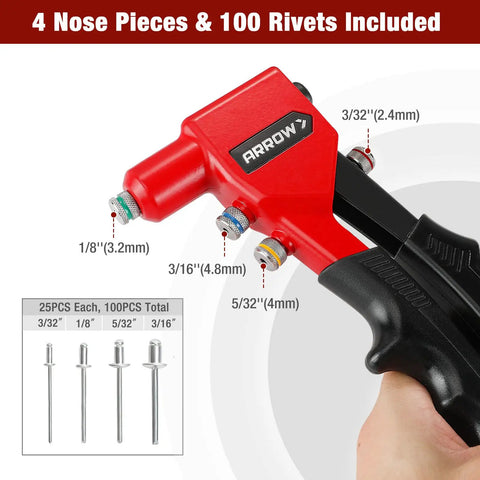 Pro Grade Hand Riveter Kit With Four Interchangeable Heads For 3 32nd Inch, 1 8th Inch, 5 32nd Inch, And 3 16th Inch Rivets Includes 100 Rivets
