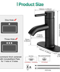 Matte Black Single Handle Bathroom Faucet For Vessel Sink And Lavatory with deck plate, shown with size dimensions and hole options